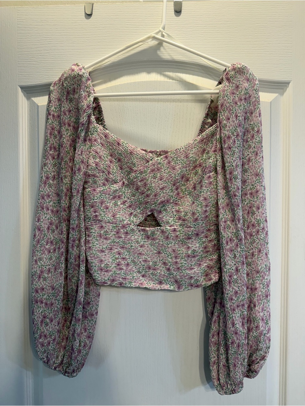 Astr Lavender Floral Smocked Long-Sleeve Crop Top